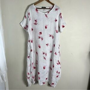 Relaxed White Linen Maxi Dress with Pink Floral Print